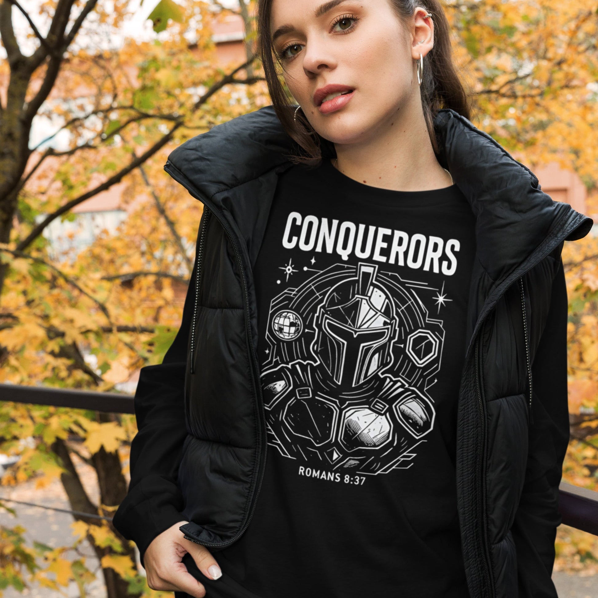 Romans 8:37 Unisex Black Christian Long Sleeve Conquerors - WPiF