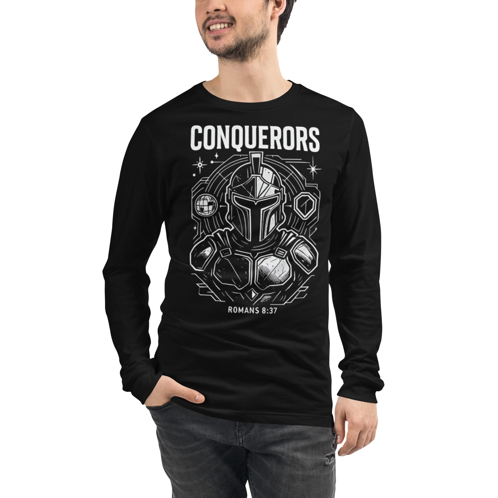 Romans 8:37 Unisex Black Christian Long Sleeve Conquerors - WPiF