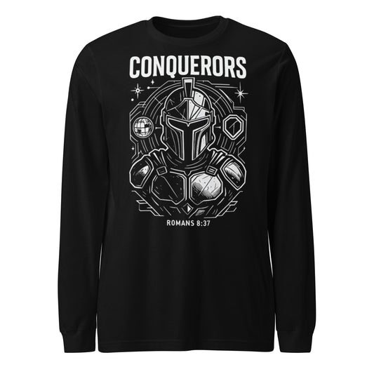 Romans 8:37 Unisex Black Christian Long Sleeve Conquerors - WPiF
