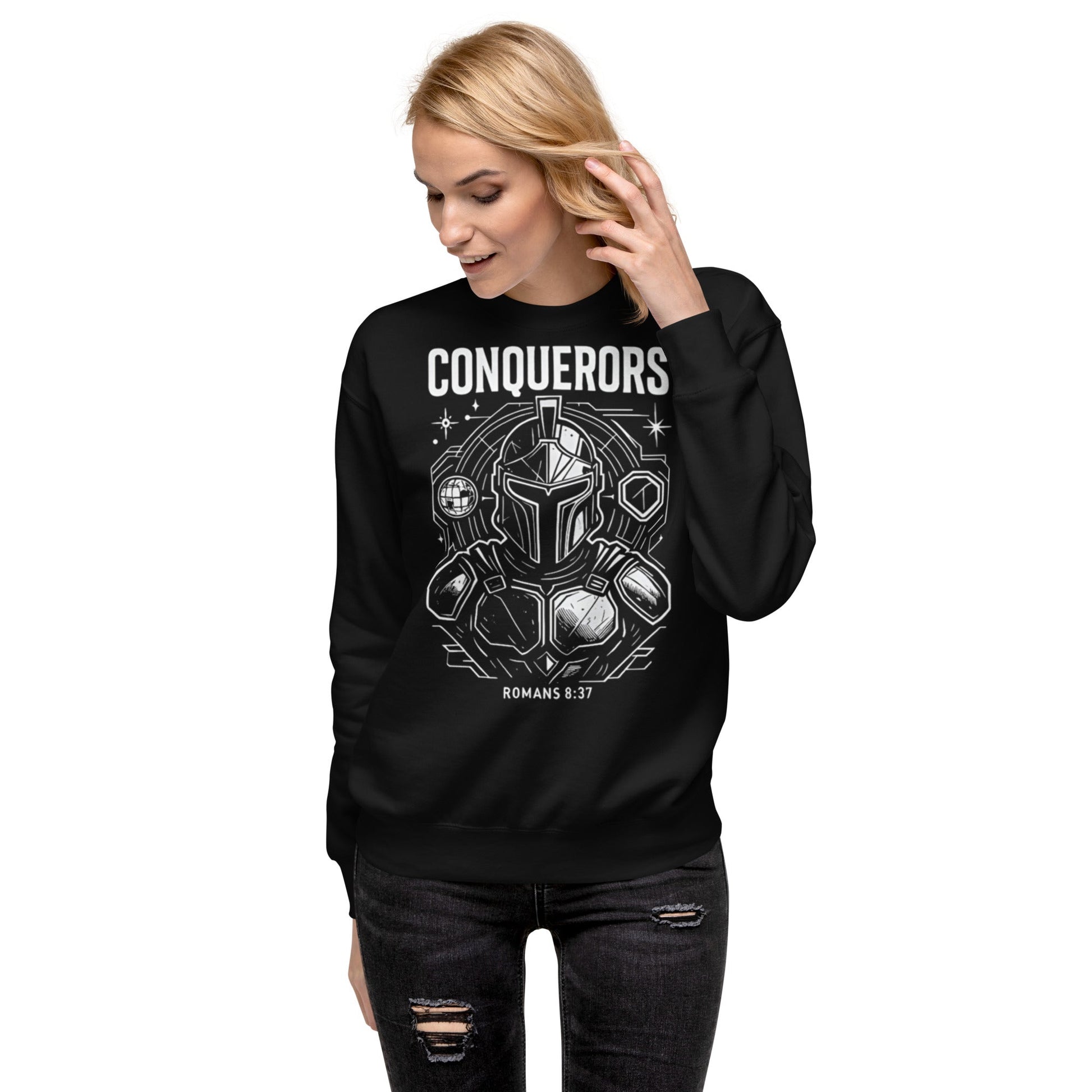 Romans 8:37 Unisex Black Christian Sweater Conquerors Design - WPiF