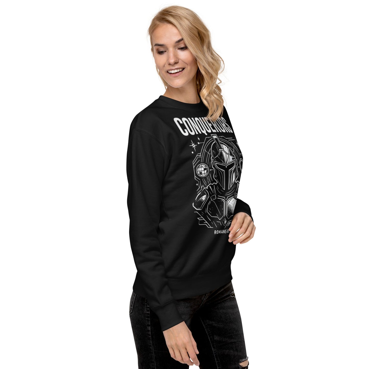Romans 8:37 Unisex Black Christian Sweater Conquerors Design - WPiF