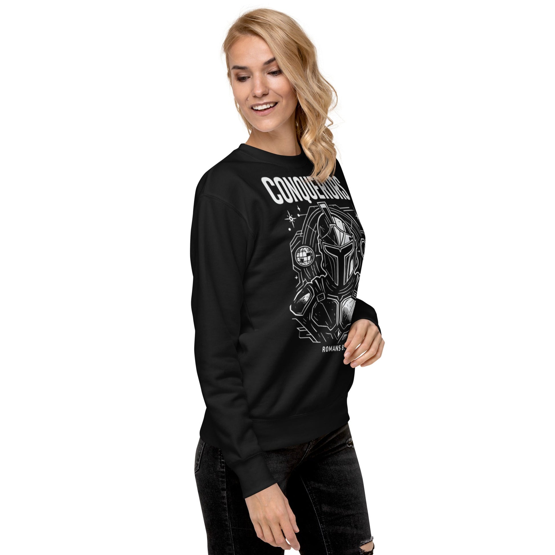 Romans 8:37 Unisex Black Christian Sweater Conquerors Design - WPiF