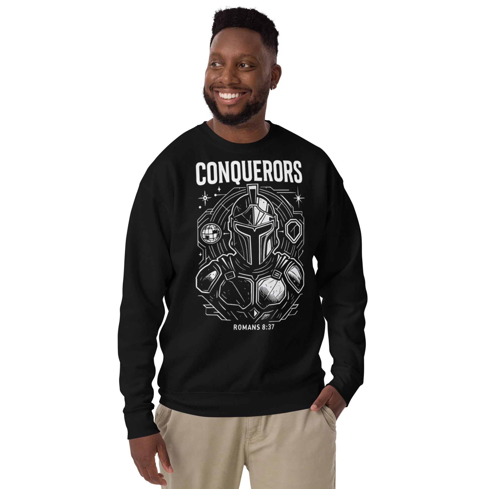 Romans 8:37 Unisex Black Christian Sweater Conquerors Design - WPiF