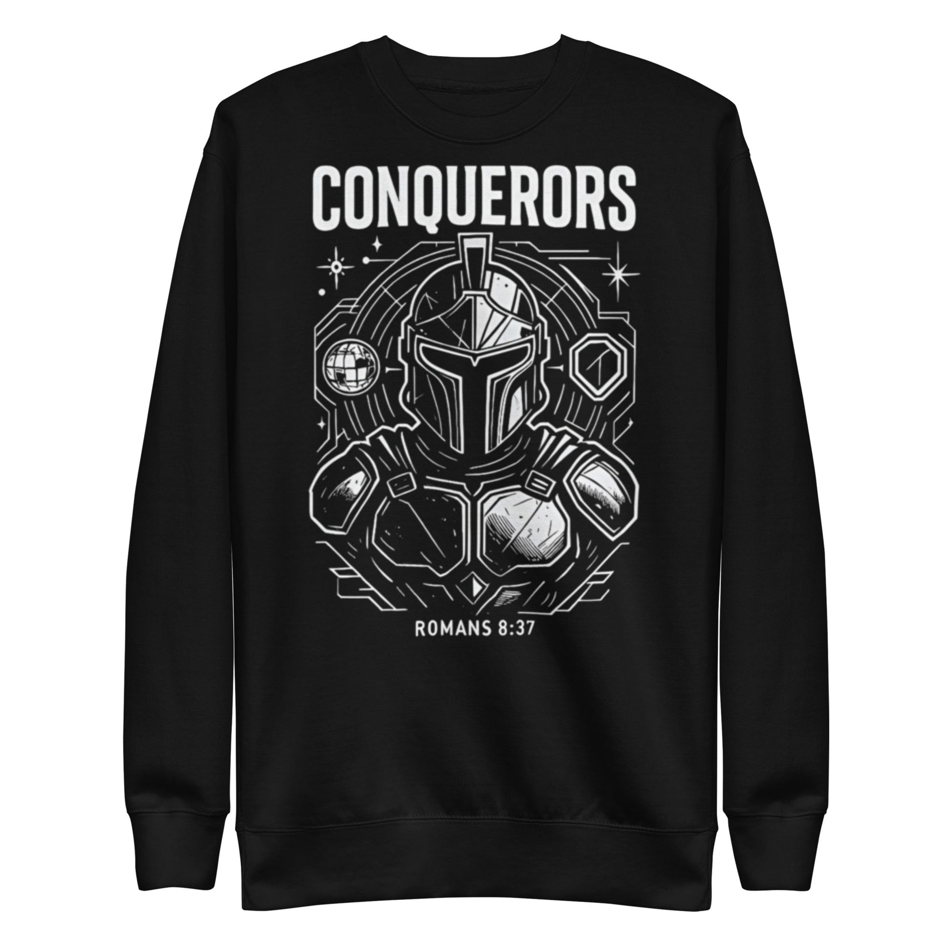 Romans 8:37 Unisex Black Christian Sweater Conquerors Design - WPiF