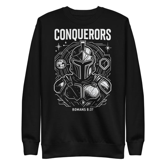 Romans 8:37 Unisex Black Christian Sweater Conquerors Design - WPiF