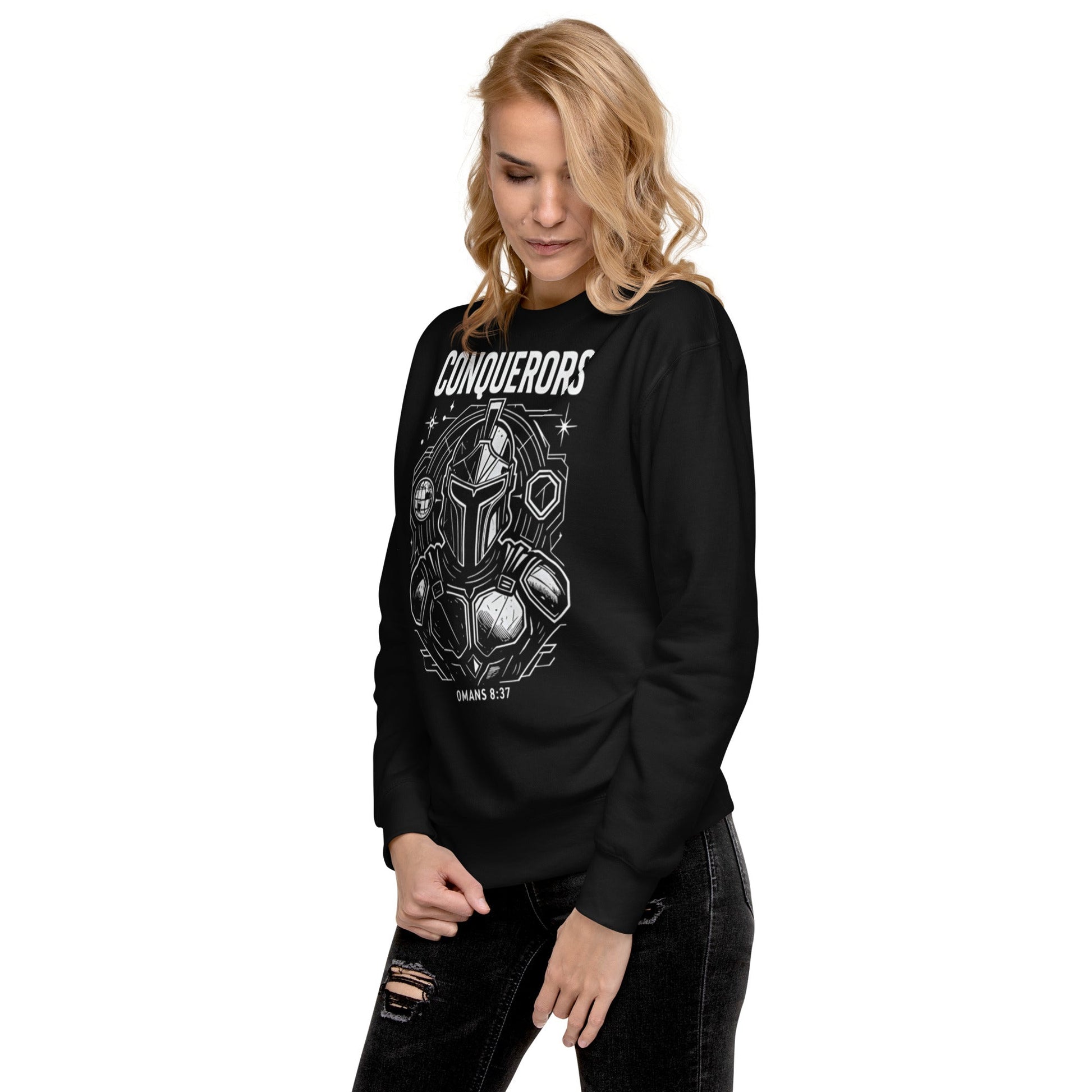 Romans 8:37 Unisex Black Christian Sweater Conquerors Design - WPiF