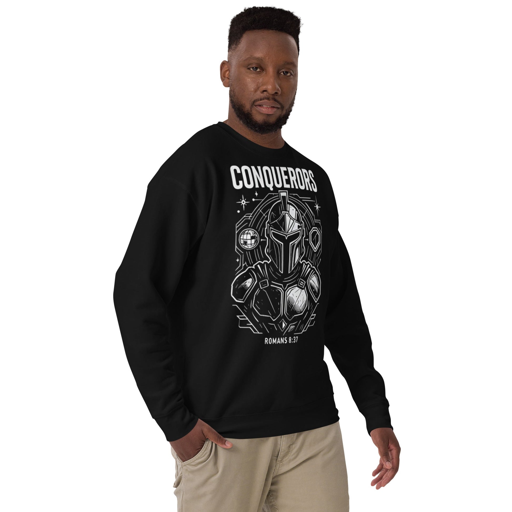 Romans 8:37 Unisex Black Christian Sweater Conquerors Design - WPiF