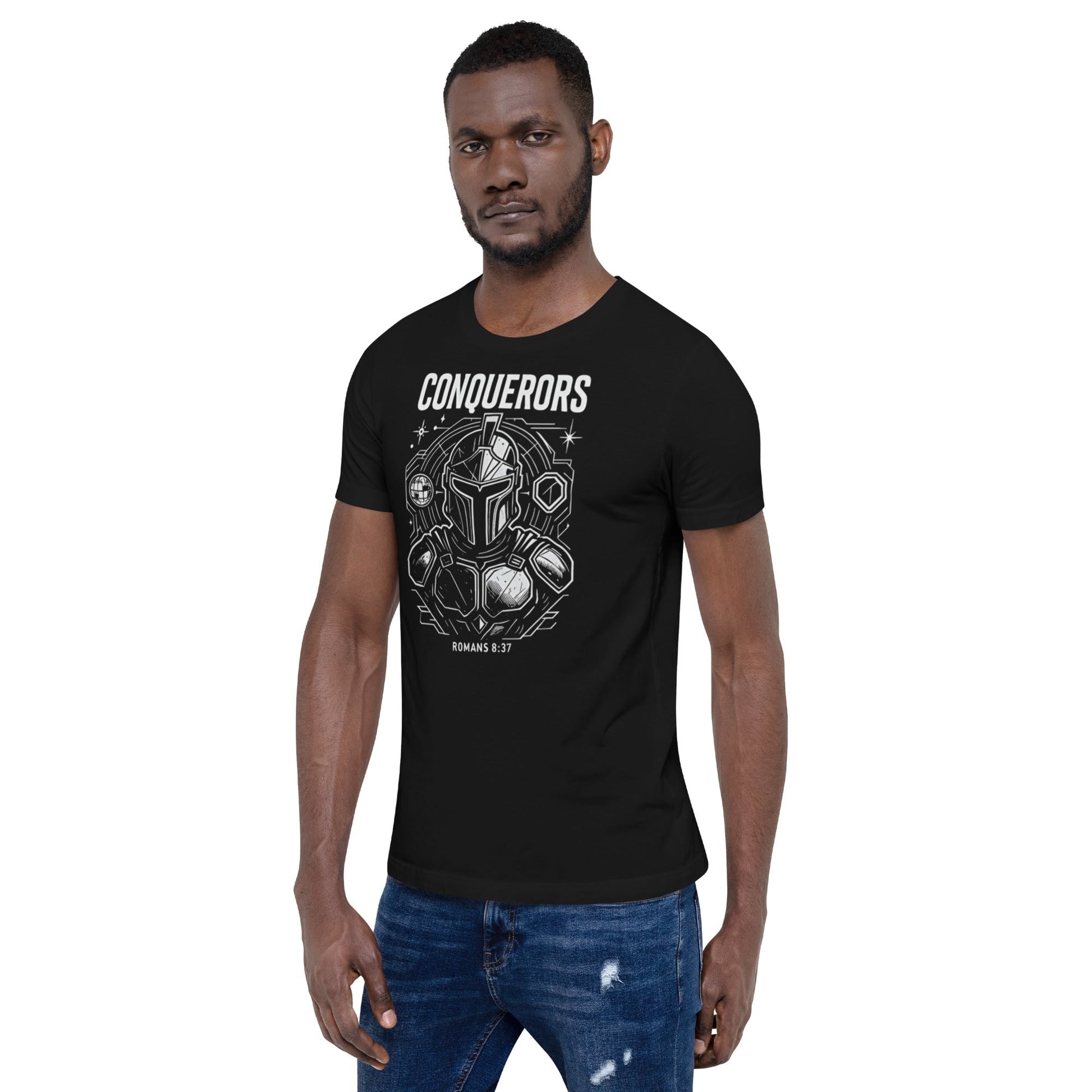 Romans 8:37 Unisex Black Christian T-Shirt Conquerors Design - WPiF
