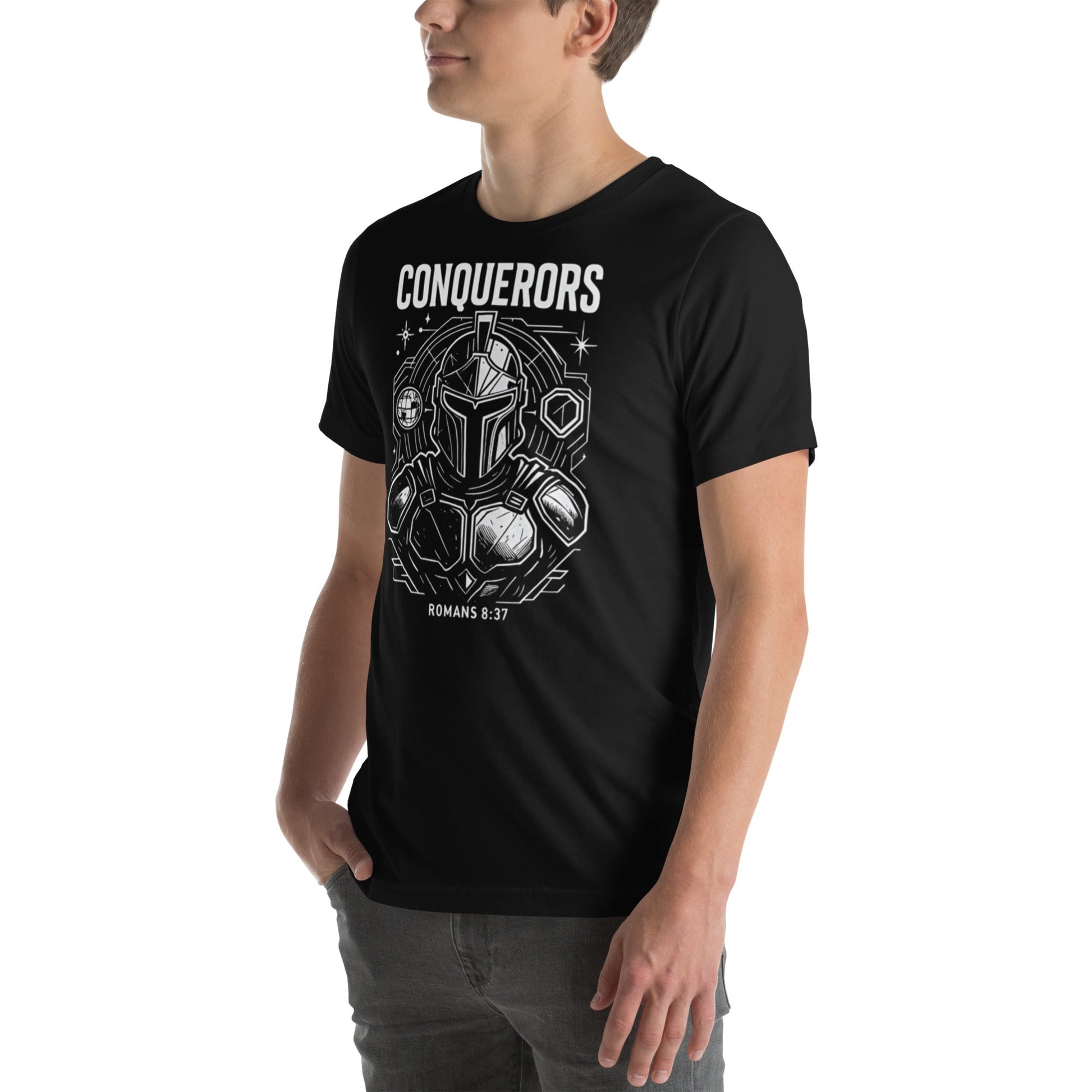 Romans 8:37 Unisex Black Christian T-Shirt Conquerors Design - WPiF