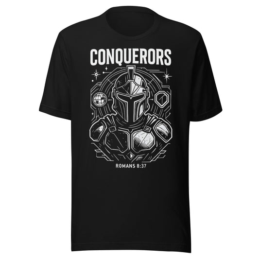 Romans 8:37 Unisex Black Christian T-Shirt Conquerors Design - WPiF